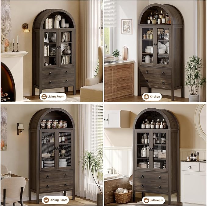 Arched Cabinet, 71" Tall Wooden Storage Cabinet, Arched Bookshelf with Glass Doors and Drawer for Living Room, Kitchen, Dining Room (Taupe Brown)