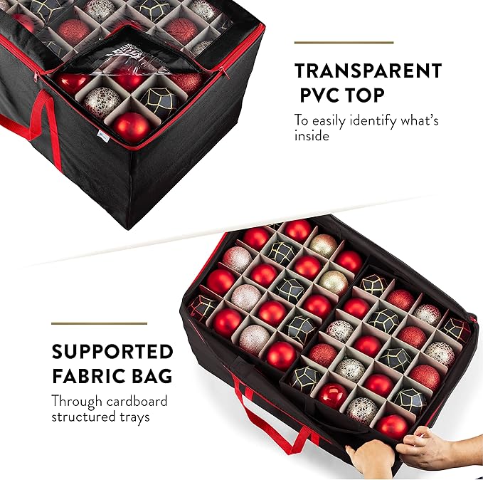 Premium Large Carrying Christmas Ornament storage Box with Clear Lid, 3" Compartment, Contains 10 Trays, Keeps 200 Holiday Ornaments & Xmas Accessories, Made Of Tear Proof Made Of 600D Oxford Fabric