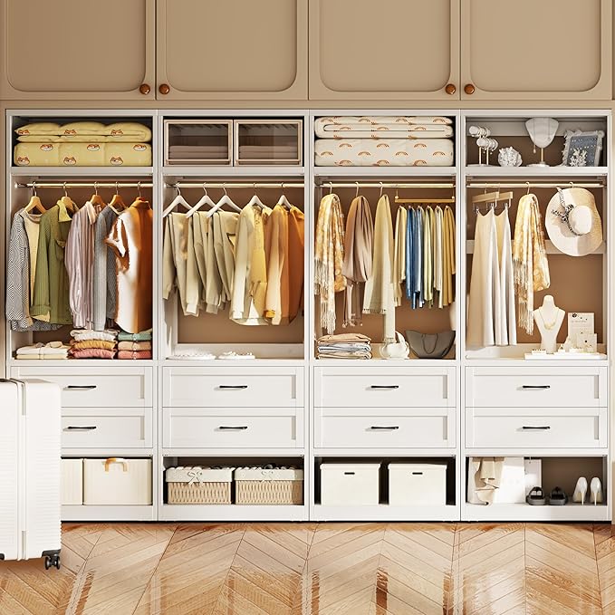 79” Closet System with 2 Drawers, 4-8 Ft Metal Closet Organizer With 4 Expandable Hanging Rods, Walk-in Closet Organizer Wardrobe Garment Clothes Rack