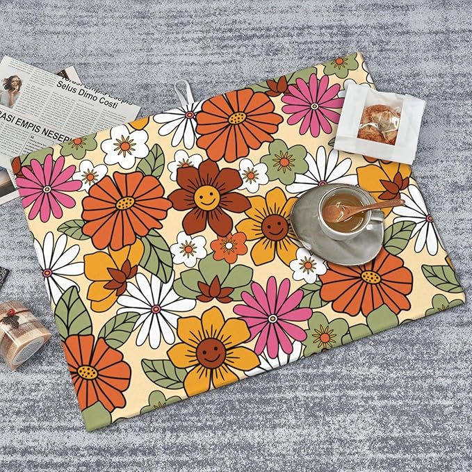 Boho Flowers Dish Drying Mat for Kitchen Counter,Retro 70s Groovy Daisy Dish Mat Microfiber Drying Pad Dish Drainer Mats for Countertop Coffee Bar 18x24 Inch