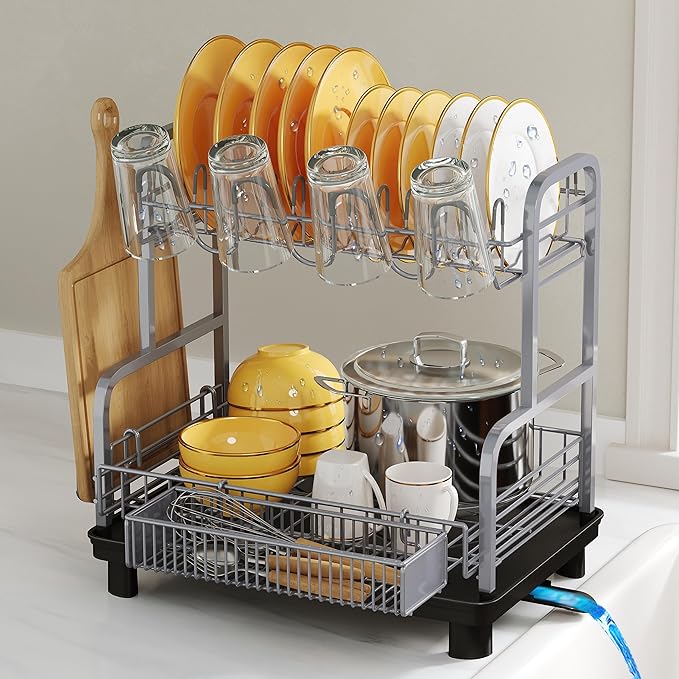 2 Tier Silver Large Capacity Dish Drainers Drying Rack for Kitchen Counter, Metal Stainless Steel Rust Proof Plate Strainers Holder On Countertop with Drainboard Tray, Space Saving, Aesthetic Modern