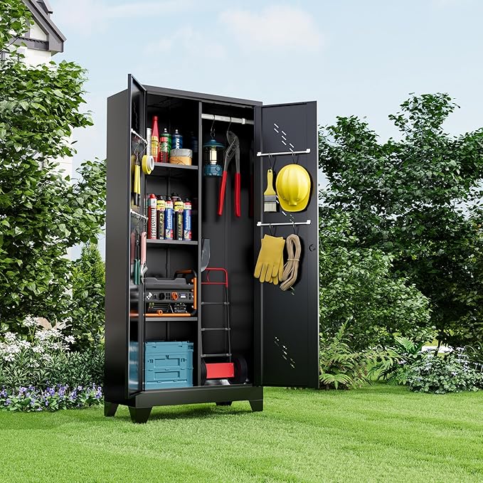 Metal Storage Cabinet 71" H, Garege Storage with Stainless Steel Bottom, Black Cleaning Supplies Organization Cabinet with Lockable Doors and Hanging Rod for Outdoor, Home Office