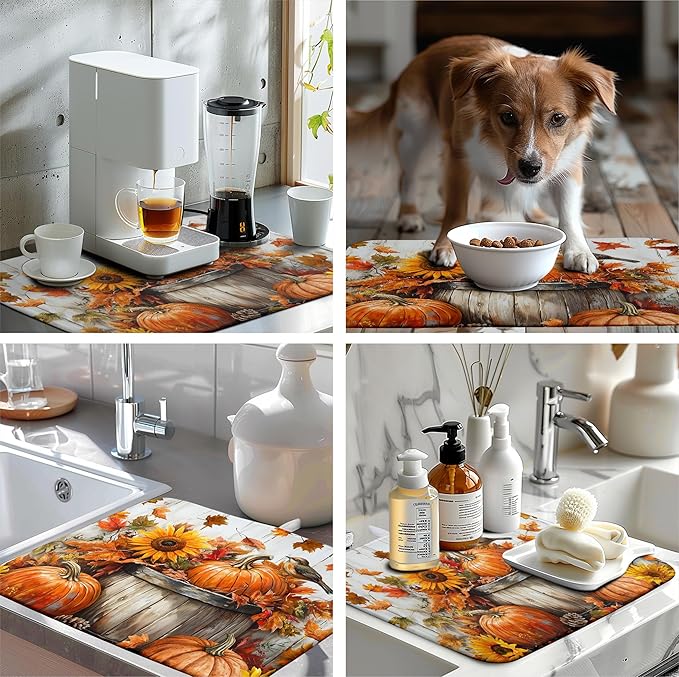 Wnoesat Fall Dish Drying Mat for Kitchen Counter Pumpkin Sunflower Maple Leaf Birds Drying Mats Autumn Thanksgiving Harvest Dish Drainer Mat Absorbent Microfiber Dishes Pad Large 18x24 Inch
