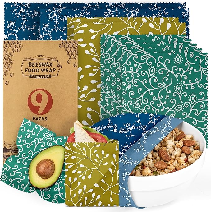 Akeeko Reusable Beeswax Food Wraps - Assorted 9 Packs, Reusable, Plastic-Free Food Storage, 5 Small, 2 Medium, 1 Large, 1 Extra Large Wraps with Abstract Curves Pattern