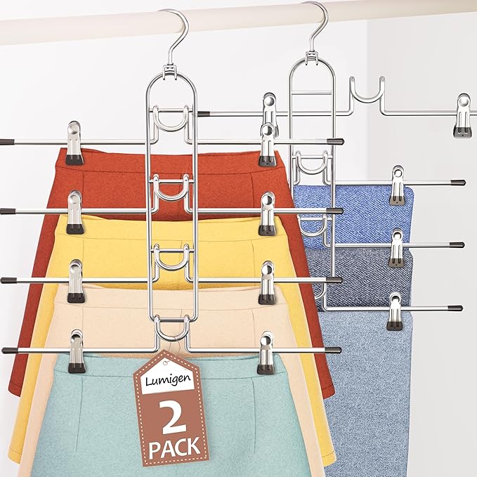 Pants & Skirt Hangers with Clips, Newly Upgraded Detachable Space Saving Hangers, 4-Tiers Skirt Hangers for Women - Hanging Closet Organizer and Storage-2pack, Patent Pending