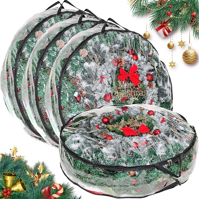 Shappy 4 Pcs 36 Inch Christmas Wreath Storage Container Clear Wreath Storage Bags PVC Waterproof Garland Bags with Clear Window Dual Zippers and Handles for Xmas Holiday Artificial Garland (Black)