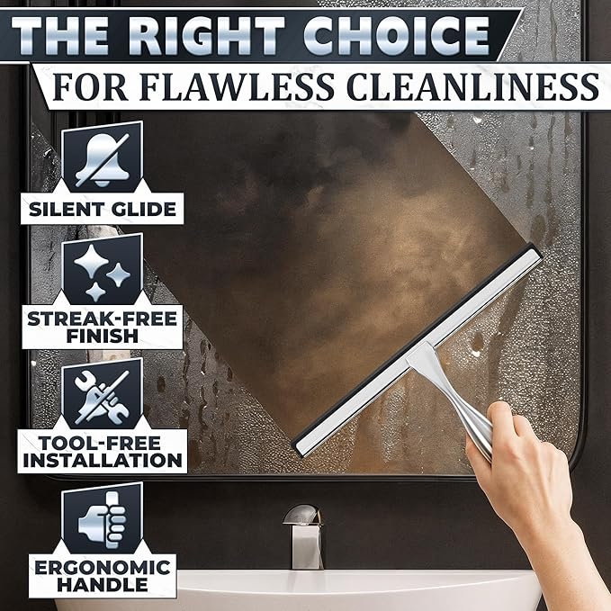 12 Inch Silver All-Purpose Stainless Steel Shower Squeegee for Shower Glass Door with 2 Hooks (Adhesive & Regular), Bathroom Cleaner Tool, Window & Mirror Squeegee for Tile Walls, Car Glass Surfaces