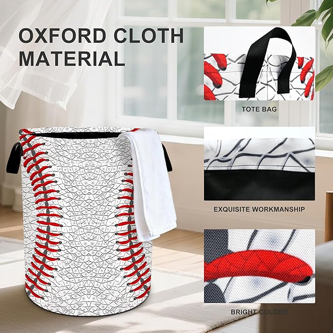 Baseball Laundry Basket Storage Bin Foldable Laundry Hamper Clothes Storage Bucket Organizer 19.6x15.7 Inch For Laundry Room/Bedroom/Bathroom