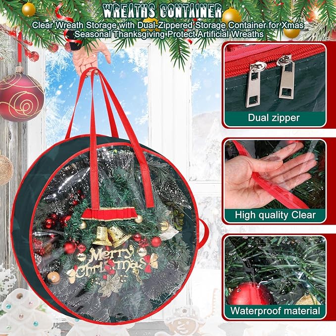 Shappy 4 Pcs Christmas Wreath Storage Bag Wreath Storage Container with Clear Window Plaid Box with Handles for Storing Garland Holiday Wrapping(Green,30 x 7 Inch)