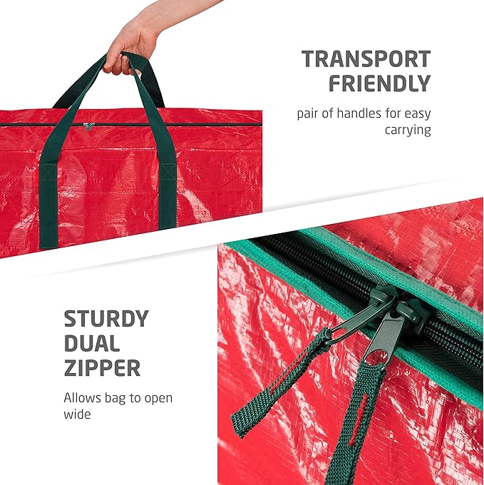 ZOBER Christmas Tree Storage Bag - With 2 Ornaments Accessories/Garland Bags - Fits 9 Ft Trees - Plastic, Waterproof Christmas Tree Bag For Storage Box For Xmas - Strong, Durable Handles - Red