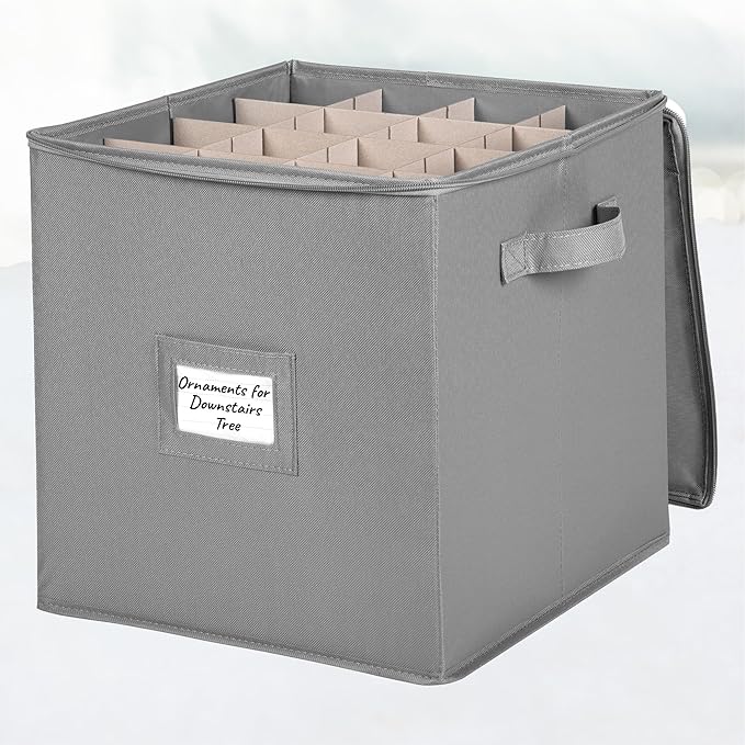 HOLDN’ STORAGE Christmas Ornament Storage Box - Christmas Decor Storage Containers that Store up to 64 – 3” x 3” Holiday Xmas Ornaments – Adjustable Compartment To Fit Many Sizes Ornaments – Grey.