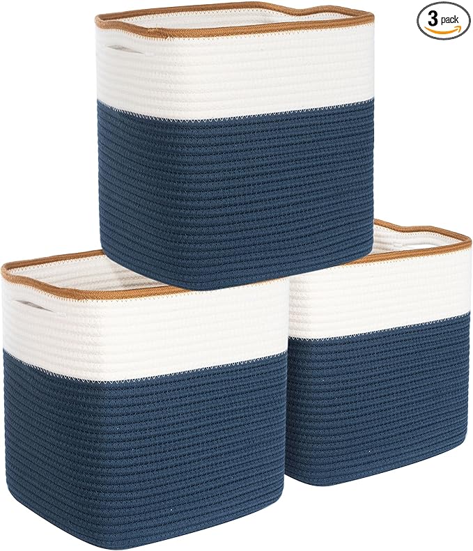 MINTWOOD Design 3-Pack 11x11 Inch Cube Storage Bin, Woven Storage Cube Organizer, Closet Organizer, Cute Square Storage Bins, Decorative Classroom Bathroom Pantry and Shelf Baskets, Prussian Blue