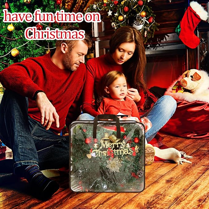 4 Pcs Christmas Wreath Storage Container Clear Organizer Storage Bag for Xmas Wreath Moving Bags with Handles and Dual Zipper Wreath Holder for Storage Plastic Christmas Storage Tote (30 x 8 Inch)