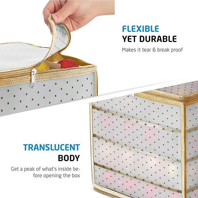 ZOBER Christmas Ornament Storage Box Plastic - Stores 64 3" Ornaments with Individual Trays - Ornament Organizer Storage Box, Durable Christmas Containers Holder - Gold