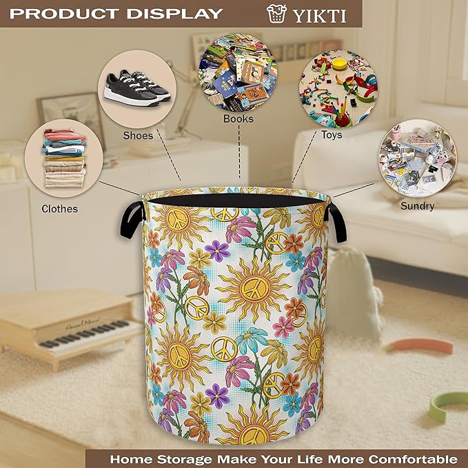Collapsible Laundry Basket,Vintage Peace Symbol Dirty Clothes Hamper,Hippie Flower Hampers for Bedroom Waterproof Oxford Cloth Storage Organizer for Bathroom,Nursery,Dorm,16x20 Inch