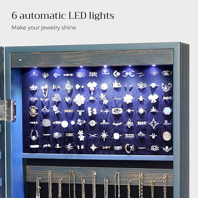 SONGMICS 6 LEDs Mirror Jewelry Cabinet, 47.2-Inch Tall Lockable Wall or Door Mounted Jewelry Armoire Organizer with Mirror, 2 Drawers, 3.9 x 14.6 x 47.2 Inches, Rustic Blue UJJC93IN