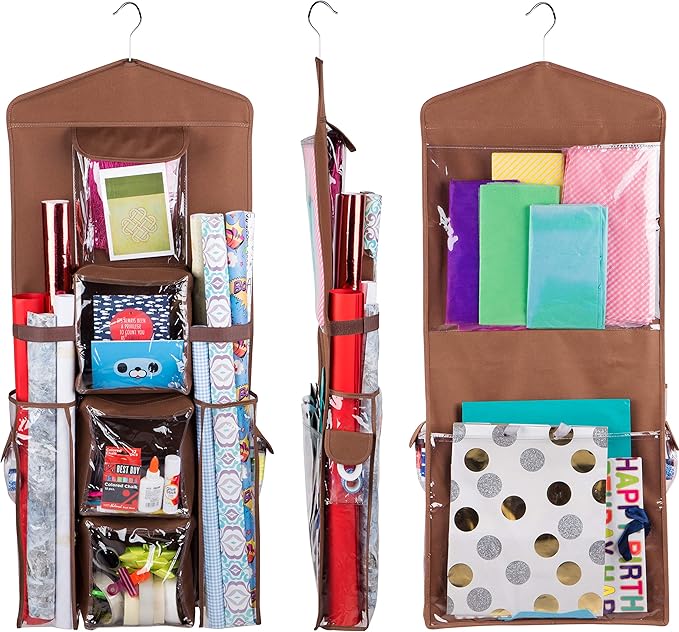 Double-Sided Hanging Gift Bag and Gift Wrap Organizer (Brown)