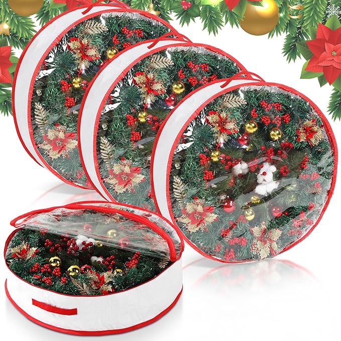 Aliceset 4 Pack Wreath Storage Containers, Christmas Ornament Garland Wreath Storage Bags with Handle Dual Zipper Large Decorative Storages Box for Winter Wreaths(30 x 30 x 7.8 Inch,White)