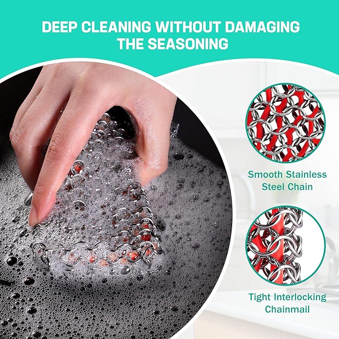 HAUSHOF Cast Iron Scrubber, Chainmail Scrubber with Silicone Core, Premium Chainmail Scrubber Sponge for Skillet, Pan, Dutch Oven