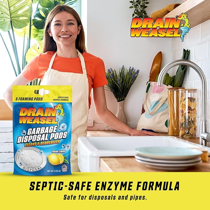 Drain Weasel Garbage Disposal Pods Cleaner and Deodorizer, Sink Odor Eliminator with Foaming Action, Septic-Safe Enzyme Formula, Fresh Lemon Scent, Pack of 5
