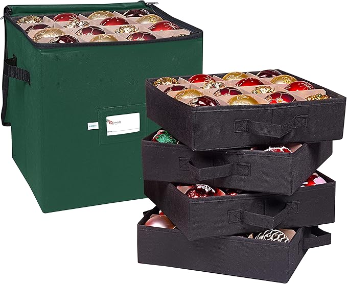 Primode Christmas Ornament Storage Box, 4 Individual Trays Xmas Storage Container, Fits 64 Ornaments Decoration Balls, Constructed of Durable 600D Oxford Material (Green)