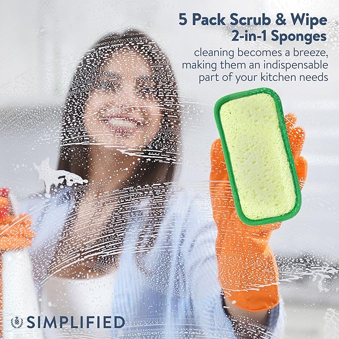 Simplified 5-Pack Scrub & Wipe 2-in-1 Dishwashing Sponges - Non-Abrasive Cleaning Sponges, Double-Sided - Safe for Dishes, Non-Stick Pans or Glassware, Absorbent Dish Sponges, Green Leaves