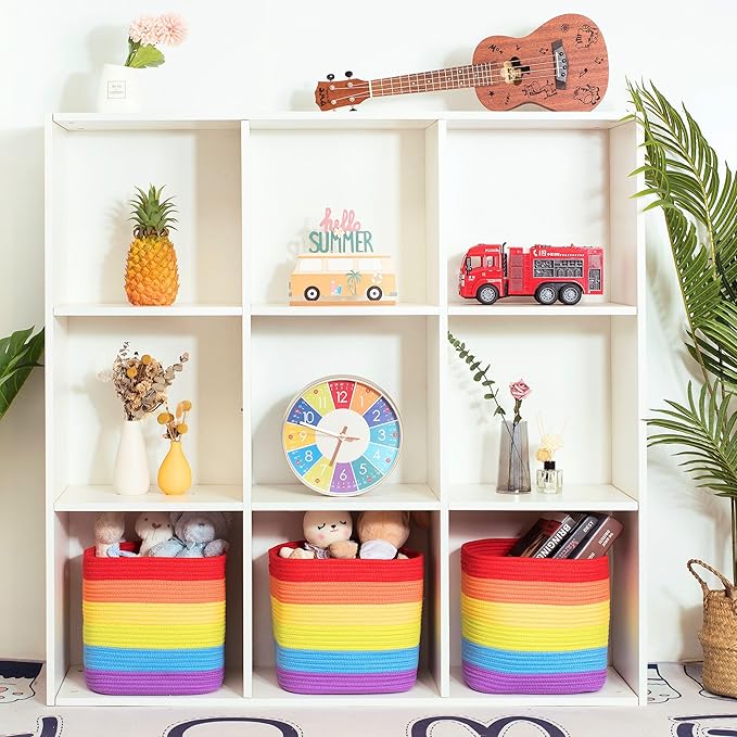 MINTWOOD Design 3-Pack 11x11 Inch Cube Storage Bin, Woven Storage Cube Organizer, Closet Organizer, Cute Square Storage Bins, Decorative Classroom Bathroom Pantry and Shelf Baskets, Rainbow