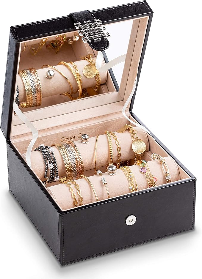 Glenor Co Bracelet Jewelry Box with 2 Removable Rolls - Holder Stores Bracelets, Bangles & Watches - Organizer w Metal Closure - Large Mirror - PU Leather - Display on Stand or Dresser - Black