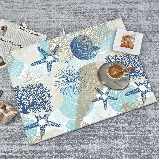 Seashells Starfish Dish Drying Mat for Kitchen Counter Reversible Absorbent Dish Mat Large Drying Kitchen Mat 18X24inch Dish Drying Matt for Kitchen Dish Drying Mat