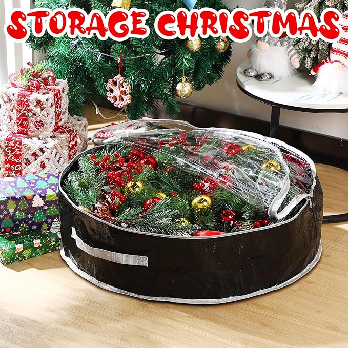 Aliceset 4 Pack Wreath Storage Containers, Christmas Ornament Garland Wreath Storage Bags with Handle Dual Zipper Large Decorative Storages Box for Winter Wreaths(30 x 30 x 7.8 Inch,Black)