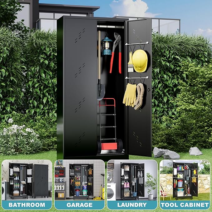 Metal Storage Cabinet 71" H, Garege Storage with Stainless Steel Bottom, Black Cleaning Supplies Organization Cabinet with Lockable Doors and Hanging Rod for Outdoor, Home Office