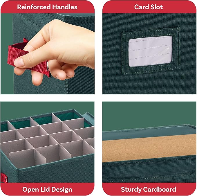 Storage Ornament Box - Holiday Organizer Cube with 64 Individual Compartments and Adjustable Dividers - For Christmas Decorations by Elf Stor (Green)
