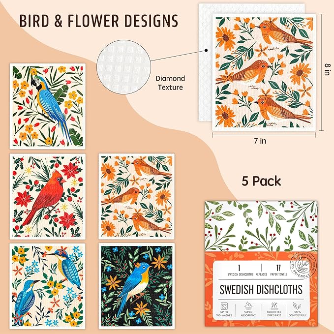 Augine Swedish Dishcloths for Kitchen, 5 Pack Reusable Paper Towels Washable, Super Absorbent Kitchen Towels, No Odor Dish Rags, Biodegradable, Quick Drying, Dishwasher Safe