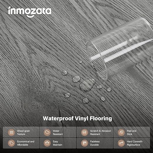Peel and Stick Floor Tile, INMOZATA Self Adhesive Vinyl Plank Flooring Tile Wood Grain Look 36-Pack 54 Sq.Ft Waterproof Tile Sticker for Bedroom, Living Room, Kitchen, RV(Gray)
