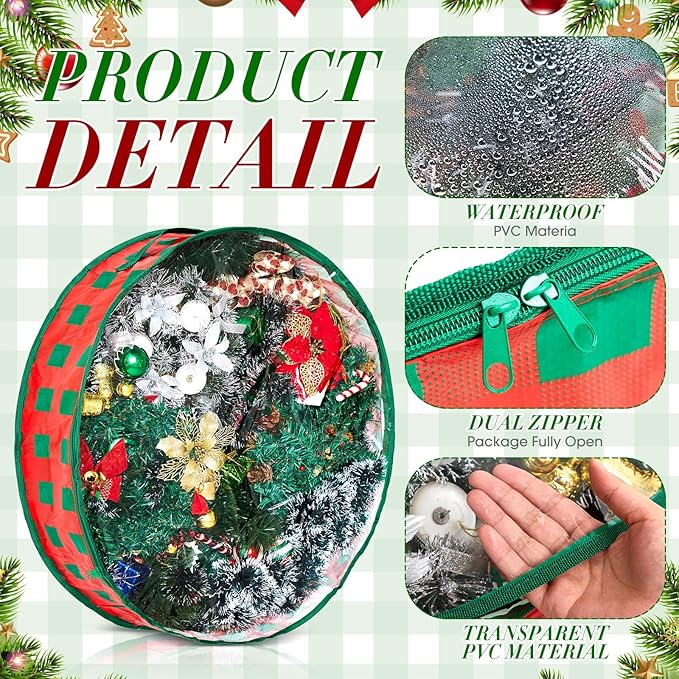 Aliceset 4 Pack Wreath Storage Containers, Christmas Ornament Garland Wreath Storage Bags with Handle Dual Zipper Large Decorative Storages Box for Winter Wreaths(24 x 24 x 7.8 Inch,Red Green Plaid)