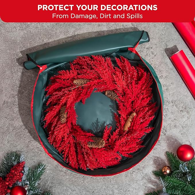 HOLDN’ STORAGE Premium Wreath Storage Bag - Durable Material - Waterproof - Heavy-duty Christmas Storage Container for Xmas Wreath with Dual Zipper Closure, Tear-proof, 30"W x 7.5"D - Green