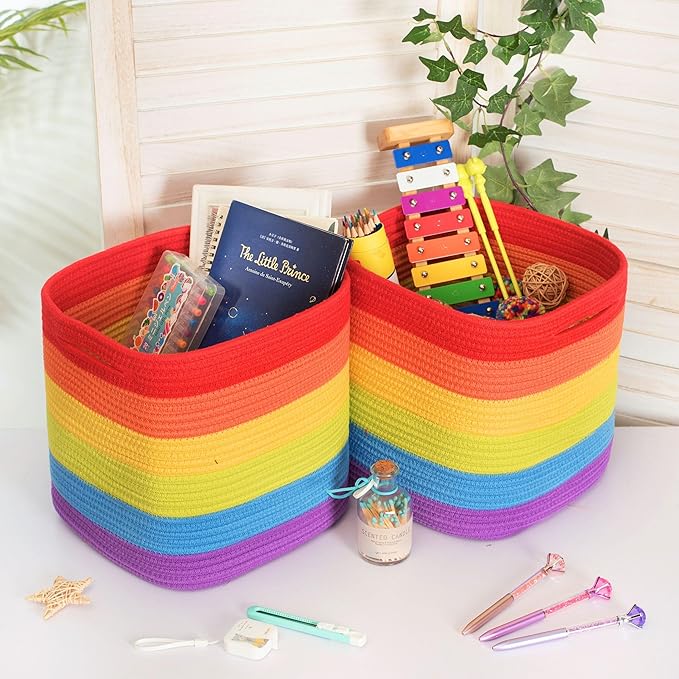 MINTWOOD Design 3-Pack 11x11 Inch Cube Storage Bin, Woven Storage Cube Organizer, Closet Organizer, Cute Square Storage Bins, Decorative Classroom Bathroom Pantry and Shelf Baskets, Rainbow