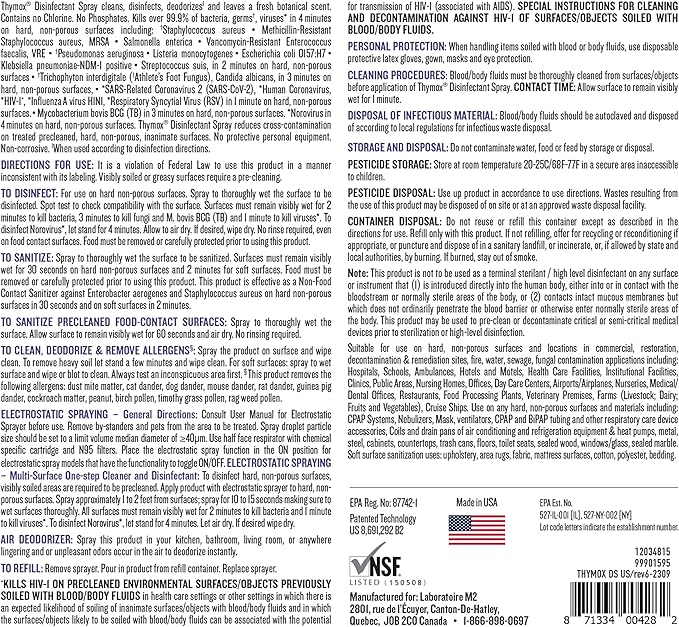 Thymox Botanical Disinfectant Spray 32 oz - All Natural Multipurpose Cleaner, Pet Friendly, Hospital Grade Disinfectant, Kitchens, Pet Hospitals, Vet Clinics, Restoration, Lemongrass Fragrance