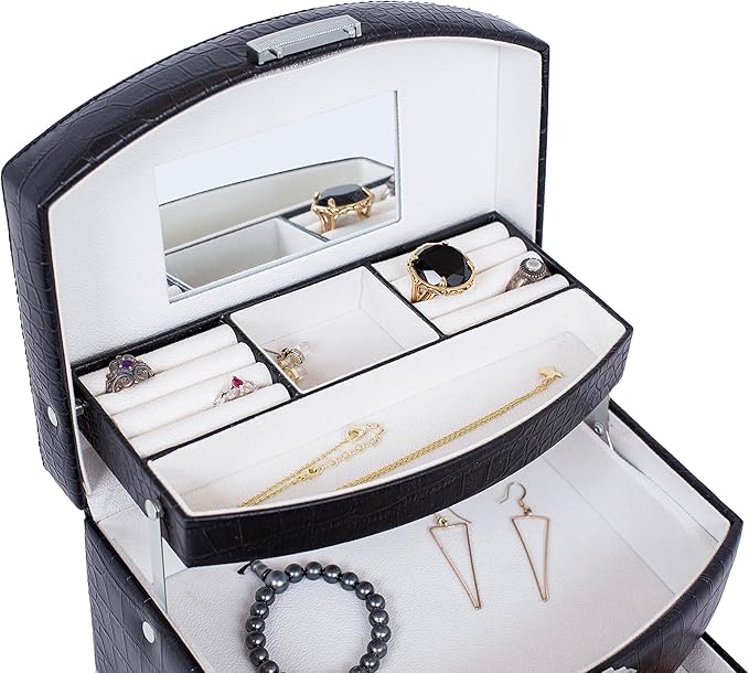 Internet's Best Faux Leather 3-Tier Jewelry Case | Slide Open Jewelry Box | Multi Compartment for Rings, Earings, Necklaces & Bracelets | Interior Mirror | Black