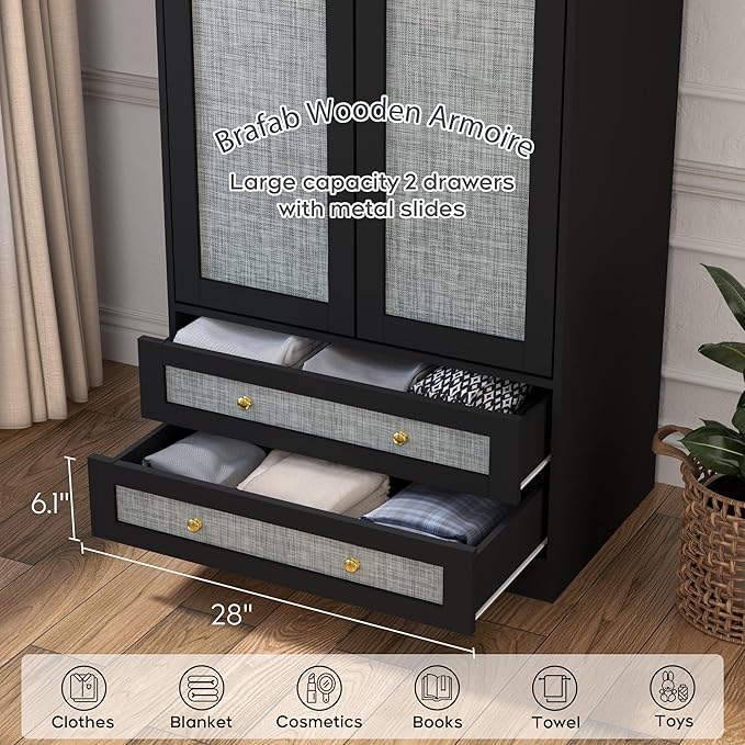 Brafab Armoire Wardrobe Closet with 2 Rattan Doors, 71" Farmhouse Tall Freestanding Coat Closet Wardrobe Cabinet with Drawers and Hanging Rail, Wooden Armoire Storage Cabinet with Shelf for Bedroom