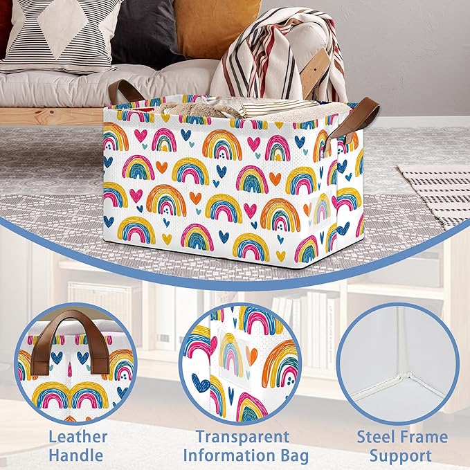 Rainbow Storage Baskets,Heart Foldable Organizer Bin with Handles for Home Living Room Bedroom Closet Box 17x11.5x10Inch