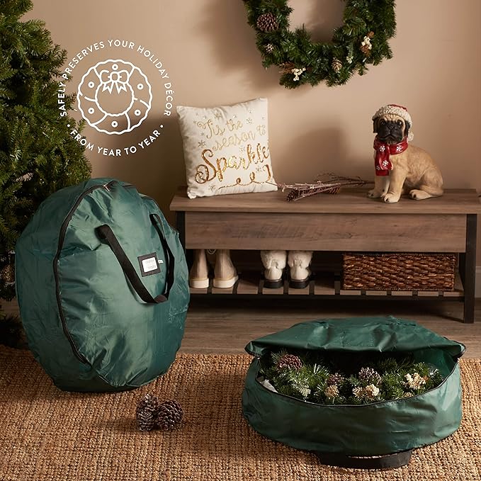 ZOBER 2 Pack Oxford Christmas Wreath Storage Container 24 Inch - Wreath Bag for Artificial Wreaths Box - Waterproof Fabric, Dual Zippered Wreaths Storage Bag With Strong Durable Handles - Green