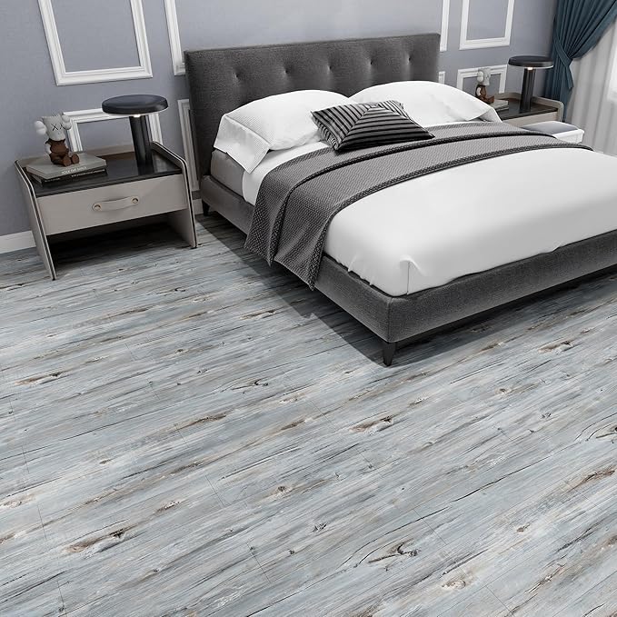 Lareko 18 Sq.Ft,Wood Peel and Stick Floor Tiles,12 Pack Grey Vinyl Flooring (No Adhesive Residue) 36"×6" Waterproof and Non-Slip Laminate Flooring for Renters Bathroom, Living Room(Mediterranean）
