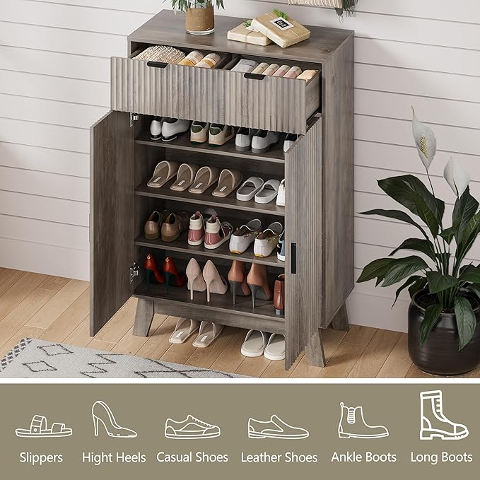 Shoe Cabinet Storage for Entryway with Doors, 4 Tier Fluted Shoe Organizer with 2 Drawers, Entryway Shoe Storage with Adjustable Shelves, Freestanding Hidden Shoe Rack for Front Door Entrance, Grey