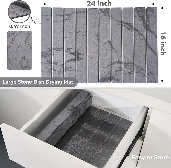 Large Stone Dish Drying Mat for Kitchen Counter, 2PCS Quick Dry Stone Dishes Mats, Foldable Water Absorbing Diatomaceous Earth Drying Pad for Bottles Dish Cups(Dark Gray 24"×16" & 8"x5")