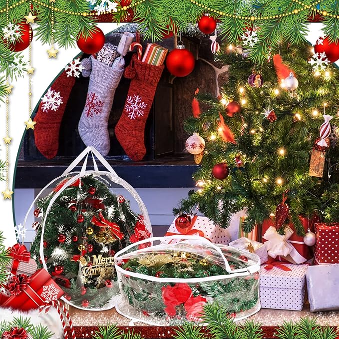 Shappy 2 Pieces Christmas Wreath Storage Container 30 Inch Wreath Plastic Storage Bags with Dual Zippers and Handles for Xmas Thanksgiving Holiday Artificial (Clear)