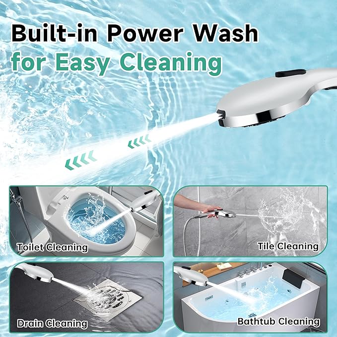 BRIGHT SHOWERS High Pressure Shower Head with Handheld, 9 Spray Settings Showerhead Built in Power Wash to Clean Tub and Pets, Extra Long 69" Hose, Adjustable Bracket, Chrome