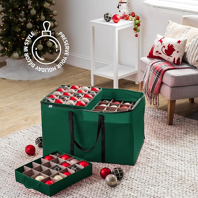 ZOBER Christmas Ornament Storage Box - Stores 200 3" Ornaments with Individual Trays - Tear Proof 600D Oxford Fabric - ornament organizer storage box, Durable Christmas Containers Holder - Green