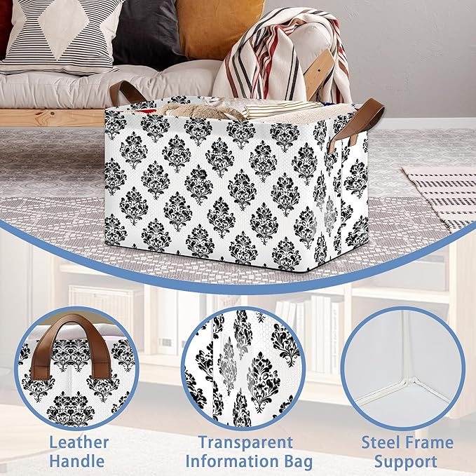 Vintage Damask Floral Storage Baskets,Foldable Large Capacity Organizer Bins with Waterproof Lining and Leather Handles for Closet,Shelf,Bedroom 17x11.5x10Inch