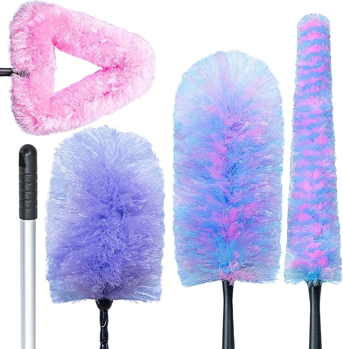 Rocktex Feather Duster Kit with 5.6ft Extension Pole, 4 Dusting Brush for Cleaning Home Wall Ceiling Fan Cobweb, Microfiber Static Washable Dusters, Pink Violet